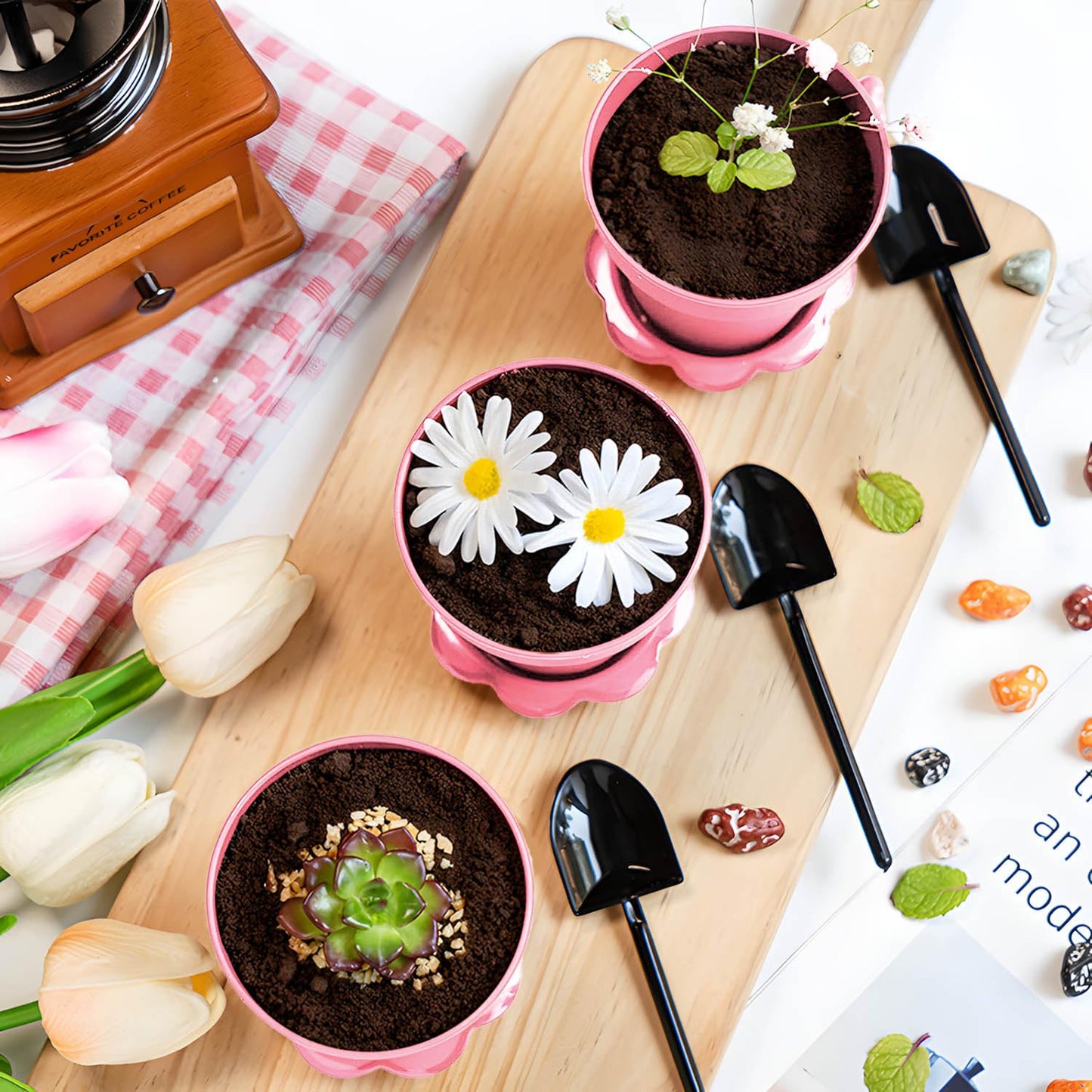 20 Pcs Nursery Pots with Humidity Dome, Cupcake Plant Nursery Pots with Bring A Plate and Shovel, Planting Cups for Seeds for Indoor Gardening and Plant Propagation(Pink)