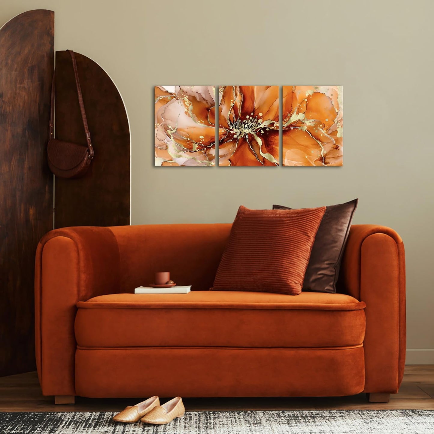 Visual Art Decor Flower Wall Art Bathroom Decor Floral Pictures Woman Girls Bedroom Office Wall Decor, Framed 12x16inchx3Pieces (Orange)