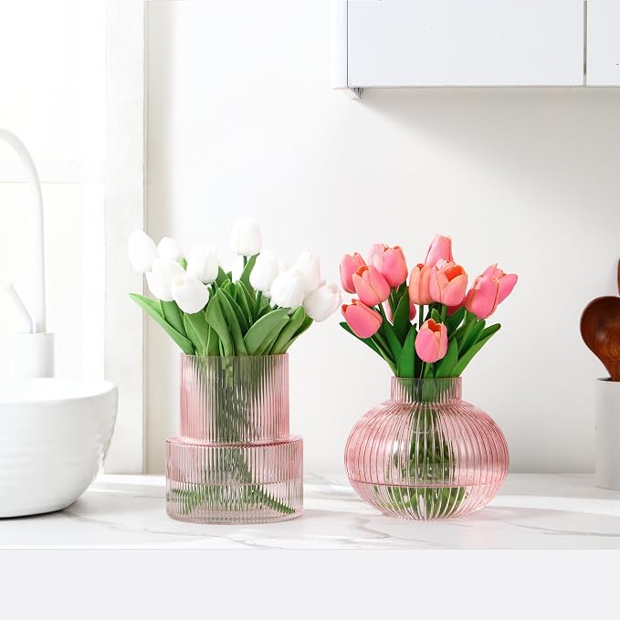 Ribbed Glass Vases, Set of 2 Fluted Vases for Flowers, Pink Glass Vase for Tulips, Modern Vase for Living Room, Kitchen, Office, Entryway, Mantle, Bookshelf, Wedding Gifts, Birthday