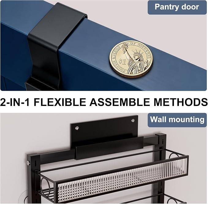 Over the Door Pantry Organizer 9 Tier Hanging Door or Wall Mounted Spice Rack with Adjustable Acylic Basket,Heavy Duty Metal Seasoning Storage Shelf for Kitchen Pantry and Bathroom Black
