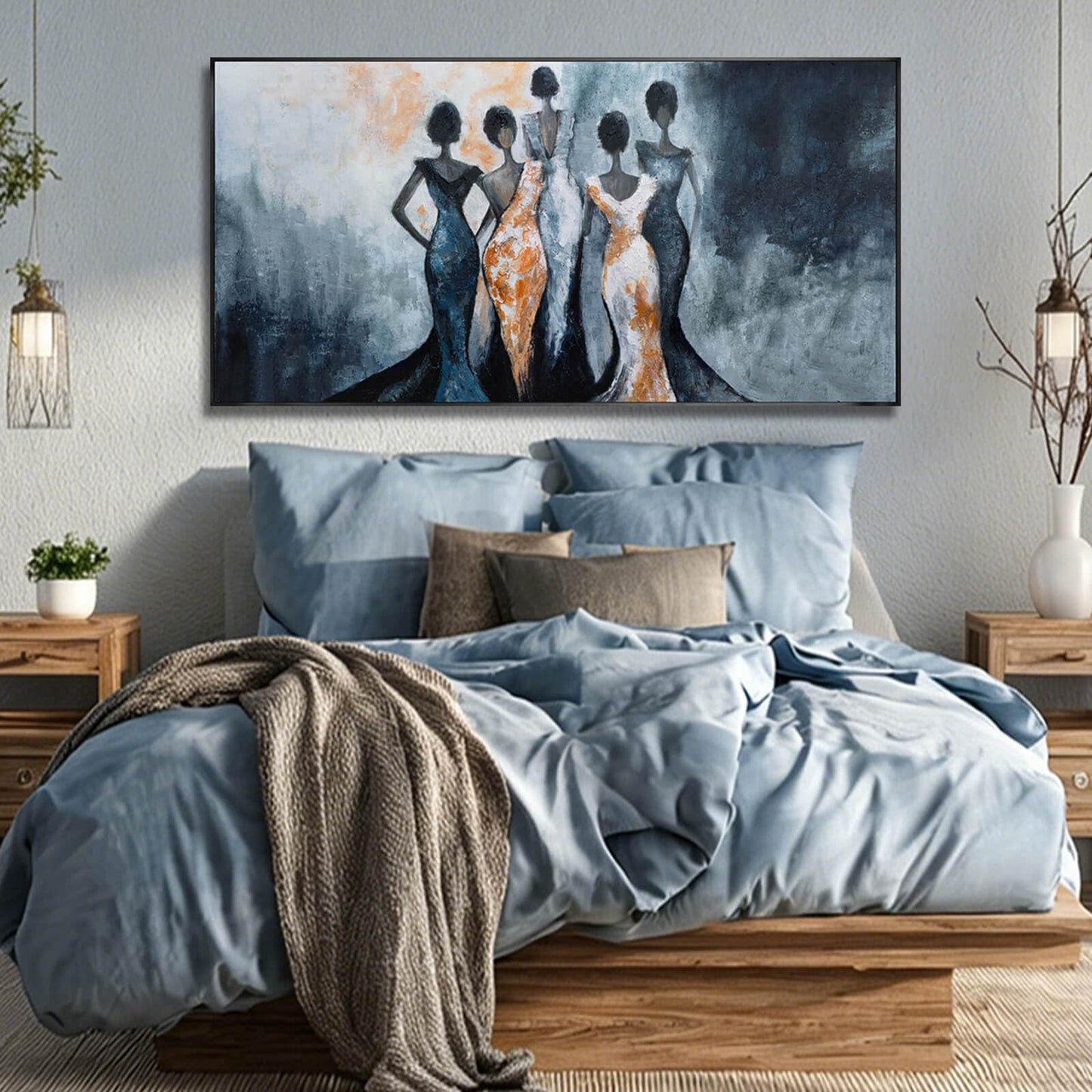 Black Girl Wall Art,Women Canvas Posters Wall Decor,Black And Blue Photo Pictures Prints,Framed Arts for Home Living Room Bedroom 24"x48"