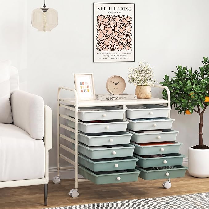 Giantex 12 Drawers Rolling Cart, Mobile Storage Drawer Cart, Classroom Organizer Cart for Office School Supplies Tools Scrapbook Paper Craft Small Printer, Utility Cart on Wheels, Green Gradient
