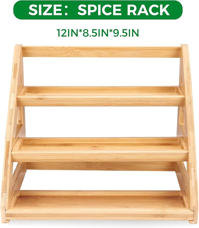 Spice Rack, Spice Organizer -3 Tier Bamboo Spice Racks, Solution for Spice Storage in Kitchens, Countertops，Storage Rooms and Other Places