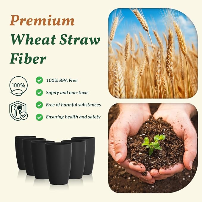 Homienly Kitchen Cups 20oz Wheat Straw Cups-6 pcs Lightweight cups Unbreakable & Reusable Glassware Set Stackable for Party,Camping,Picnic-Black