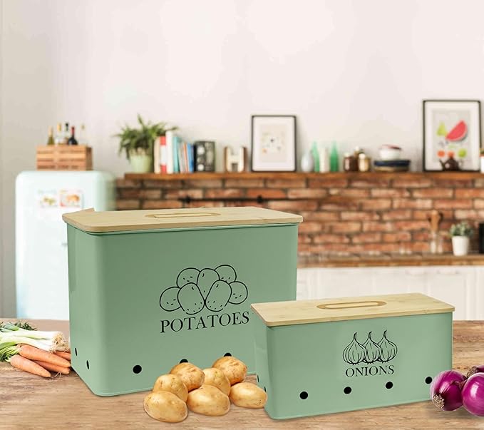 Potato and Onion Storage Bin Set of 2, Vented Metal Vegetable Storage with Wooden Lids, Farmhouse Kitchen Canisters for Countertop Pantry Organizer, Potato Bin Onion Holder for Produce Storage, Green