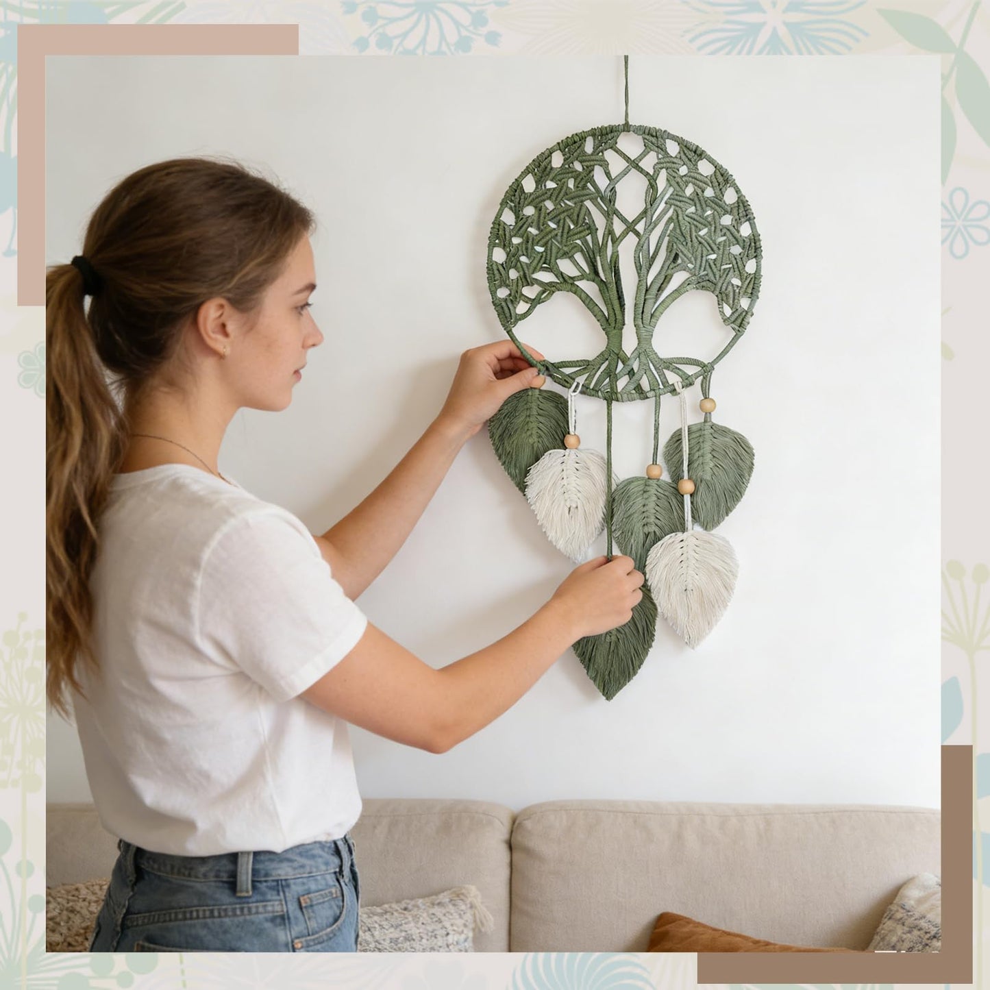GYHPD Finished Macrame Green Leaves Tree Of Life, No Weaving Required, Boho Wall Decor, Handmade Home Decor, New Home Gift, Unique Decor Art, Handmade Enthusiast Gift for Home Living Room Bedroom