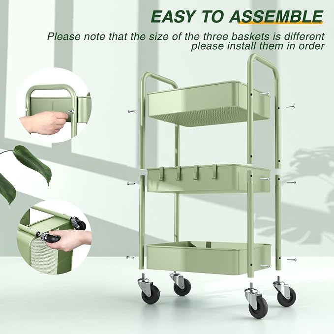 LEHOM 3 Tier Rolling Cart, Metal Rolling Utility Cart with Lockable Wheels & Hooks, Multi-Functional Heavy Duty Storage Cart Organizer for Bathroom, Kitchen, Office, Living Room