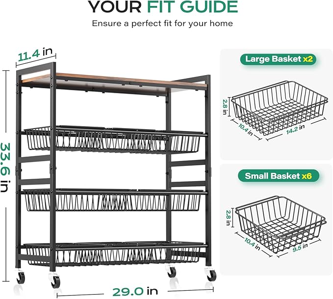Cinati 4-Tier Utility Kitchen Cart with Wood Top, 29" W Kitchen Storage Cart with 8 Baskets & Handle, Metal Snack Cart with Wheels, Adjustable Pantry Organizer and Storage Cart for Fruit, Vegetables