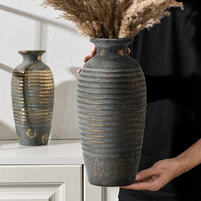 Emotionally Grounded Vase, Vaseking Large Ceramic Rustic Vase, 14.4 inch Minimalist Threaded Decorative Farmhouse Tall Vases for Home Decor, Living Room, Enterway, Table Decoration, Bronze