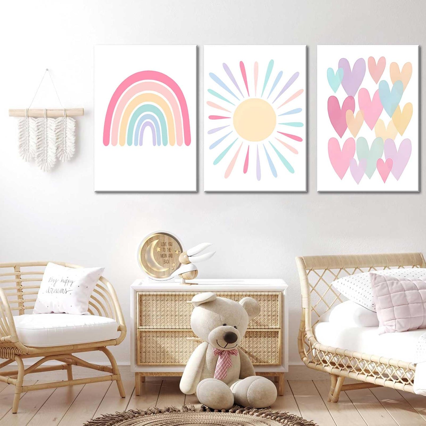 RCJARTI 3Pcs Pink Nursery Canvas Wall Art Rainbow Poster Kids Bedroom Baby Girls Toddler Pastel Wall Decor Prints Sun Boho Pink Sunshine Painting for Classroom School Nursery Decoration 12x16in