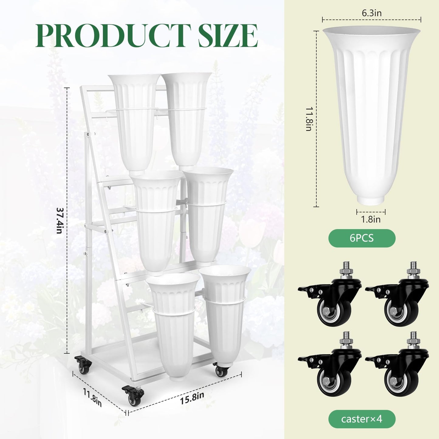 ZpigToor Flower Display Stand With 6 Buckets,Flower Bar with Wheels,Flower Cart Display Stand for Florist Garden Wedding Home Decor (White)