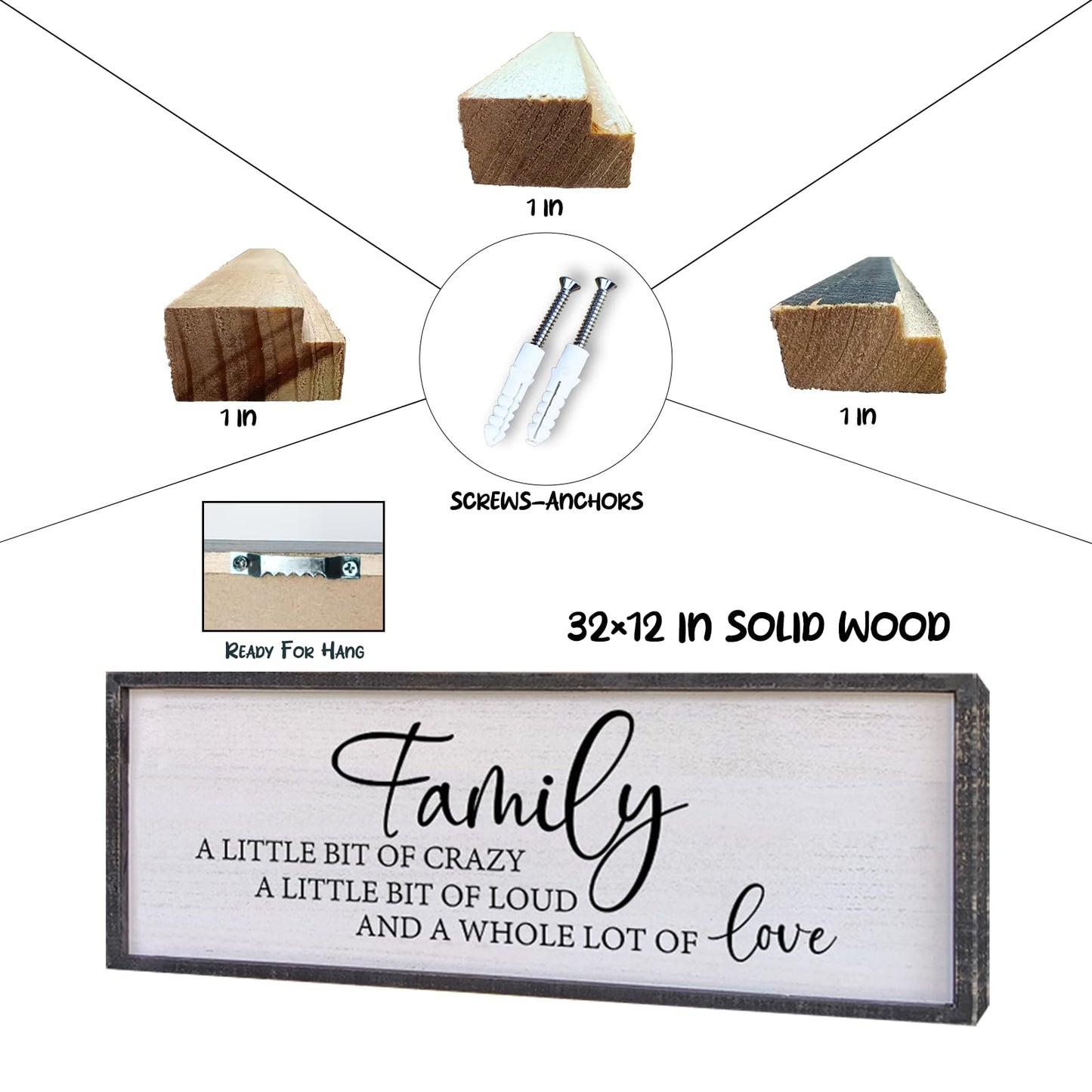 Family A Little Bit Of Crazy Sign Wall Decor 32"×12" Rustic Farmhouse Living Room Large Soild Wood Framed Hallway Hanging Sign Aesthetic Inspirational Quotes Entryway Home Wall Art (Black)