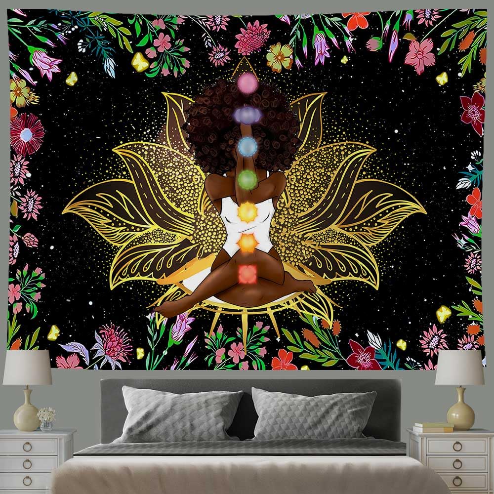 Ine Ive African Chakra Tapestry African American Woman Zen Meditation Tapestries 80x60 Inch Starry Sky Flower Garden Inspirational Afro Yoga Wall Art for Bedroom Dorm Decor