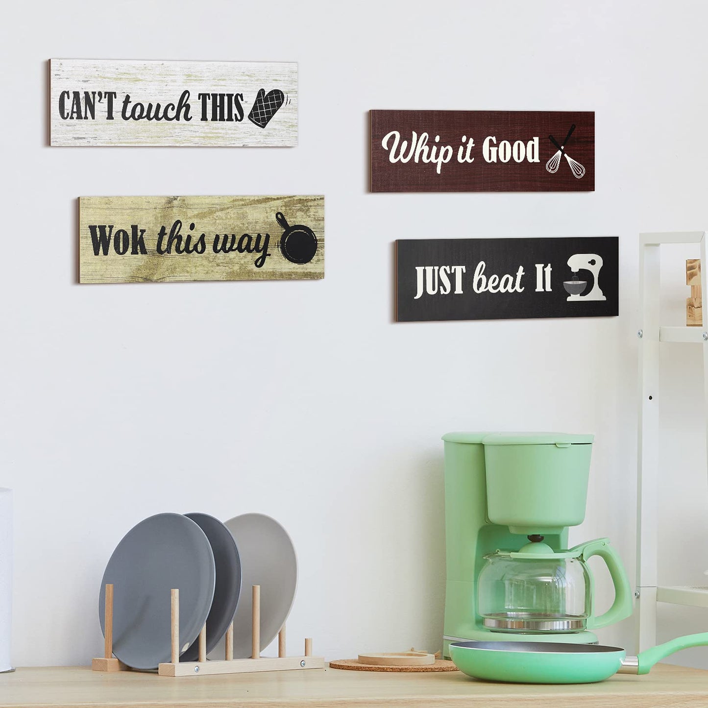 Jetec 4 Pieces Rustic Kitchen Wood Sign Decorations Kitchen Wall Signs Decor Above Cabinet Baking Prints Signs Family Farmhouse Hanging Wooden decoration for Home, 11.8 x 3.9 Inch(Classic Style)