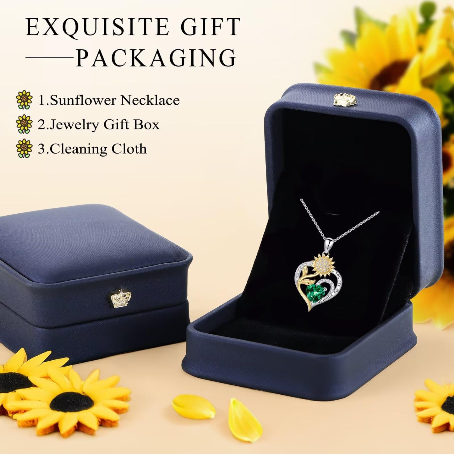 Iefil Mothers Day Gifts for Wife - 925 Sterling Silver Sunflower Necklace May Simulated Emerald Necklace Birthday Mothers Day Gifts for Mom Daughter