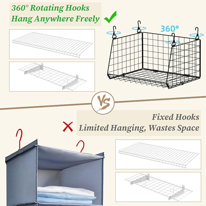 3-Pack Hanging Laundry Room Organizaton：Foldable Laundry Basket Wire Basket with 360°Rotating Hooks Small Space Organization Over Washer and Dryer Shelves - Hanging Closet Organizer, Black Patent