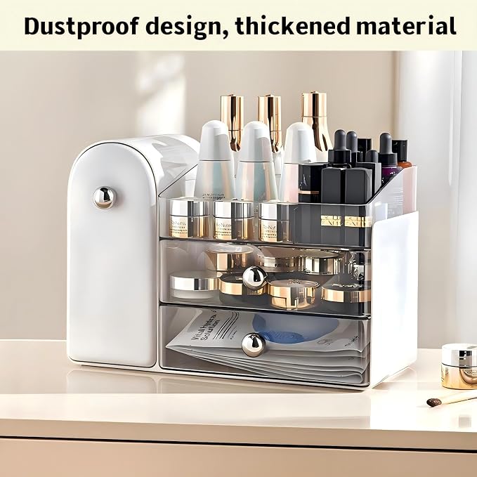Makeup Organizer for Vanity with Covered Brush Holder，Bathroom Organizers with Drawer，Skin Care Organizer，Makeup Organizers for Vanity with Drawer，Large Makeup Storage for Dresser, White