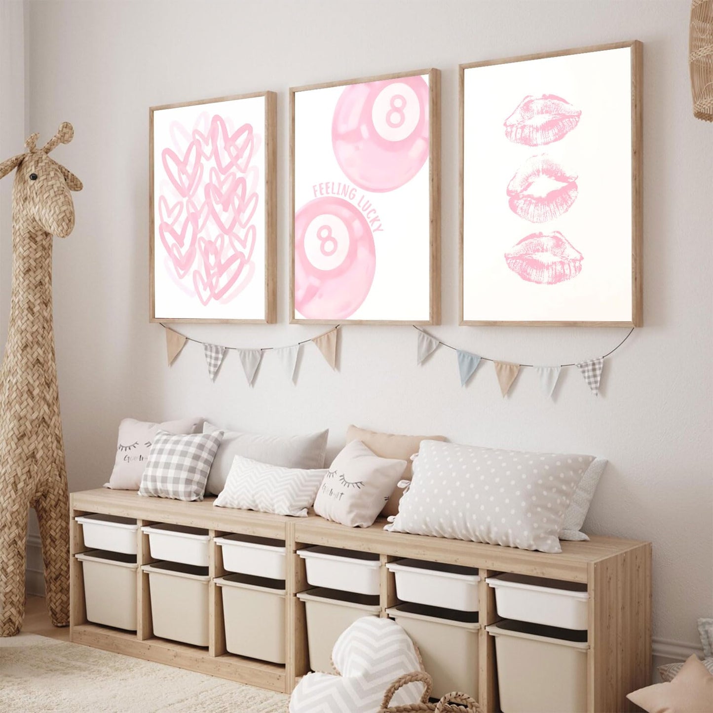 3Pcs Trendy Pink Preppy Canvas Wall Art Light Pink Cute Girly Lips Lucky 8 Ball Hearts Paintings Pictures Wall Decor Coquette Poster Printing Artwork for College Dorm Room Bedroom Home Decoration