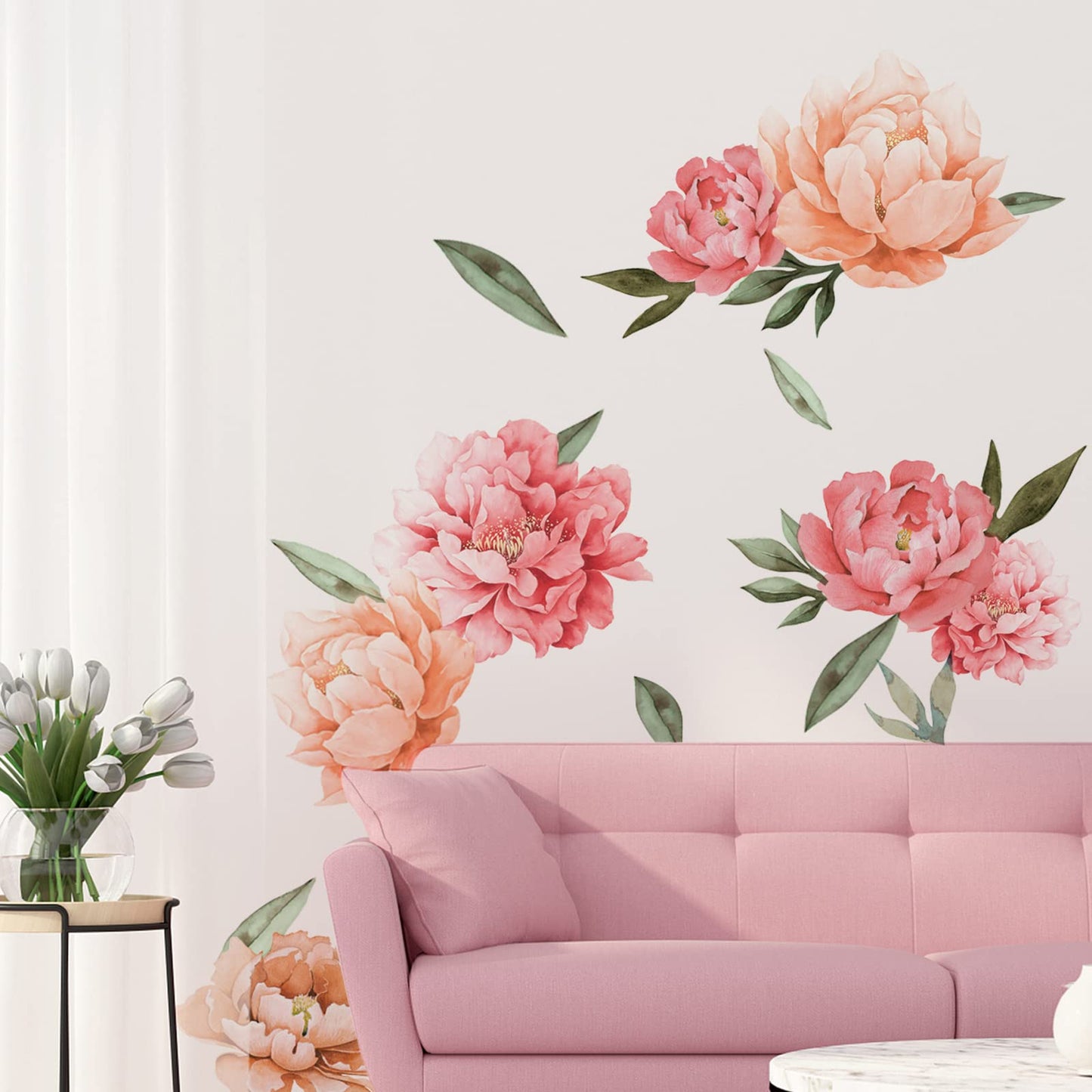 Peony Flowers Wall Decals, Watercolor Elegant Peonies Rose Floral Wall Stickers, FODIENS Pink Blossom Flower Wallpaper Art Applique for Living Room Bedroom Girls Room