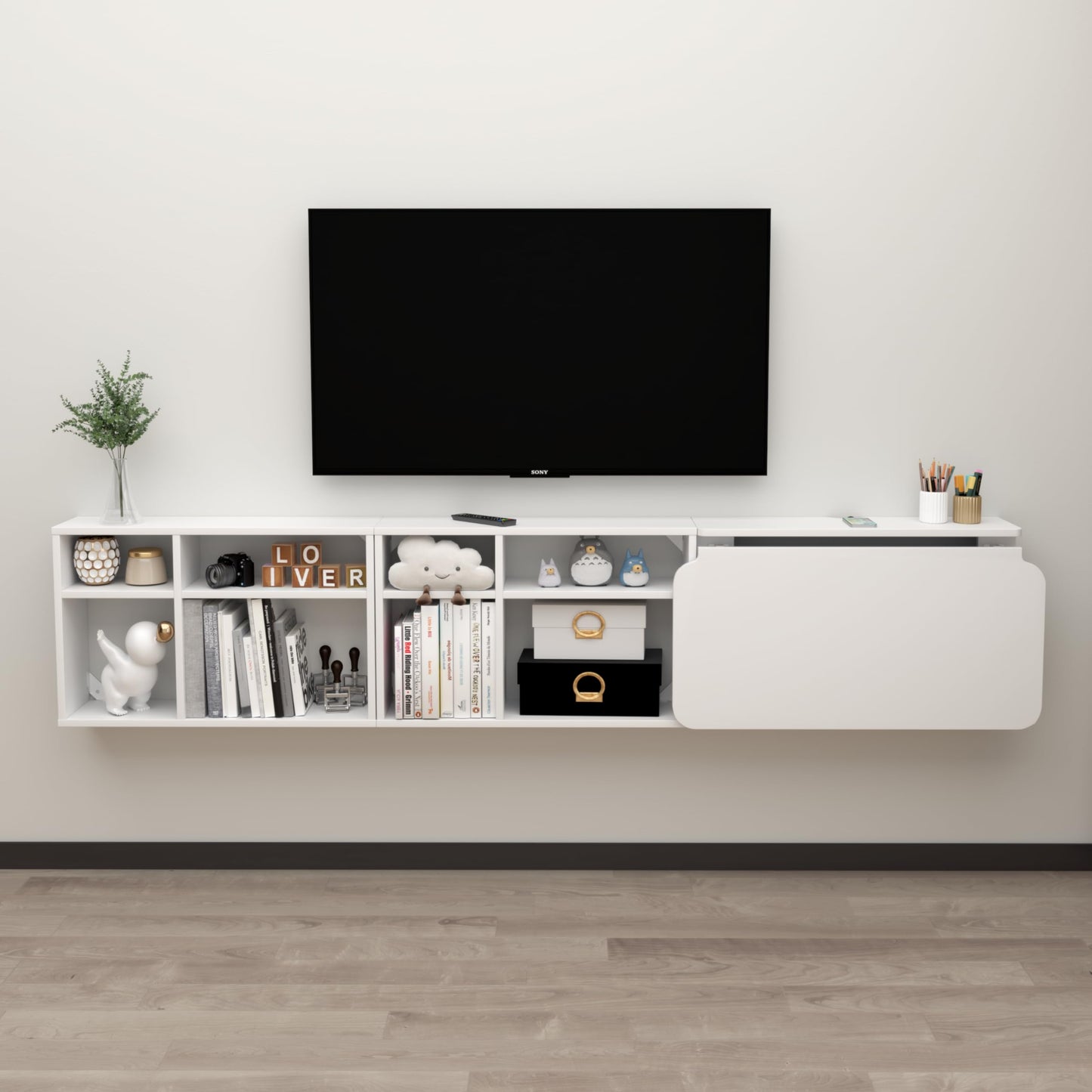 TuckTect Floating Desk with Storage Shelves, 81'' Wall Mounted Desk Laptop Writing Study Table, Folding Drop Leaf Table, Multifunctional Computer Workstation for Narrow Small Space