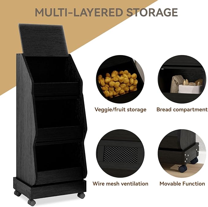 ARTETHYS Potato and Onion Storage Bin with Wheels Black Set of 2 Movable Bread Box with Lid Onion Organizer with Grocery Section Decorative Vegetable Organization Cabinet for Kitchen