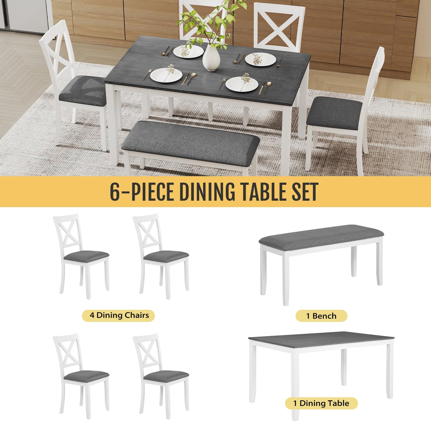 Zevemomo 6-Piece Solid Wood Dining Table Set, Including 1 Dining Table, 4 Upholstered Chairs and 1 Bench, Wooden Legs Dinner Set for Dining Room, Kitchen, Restaurant, White