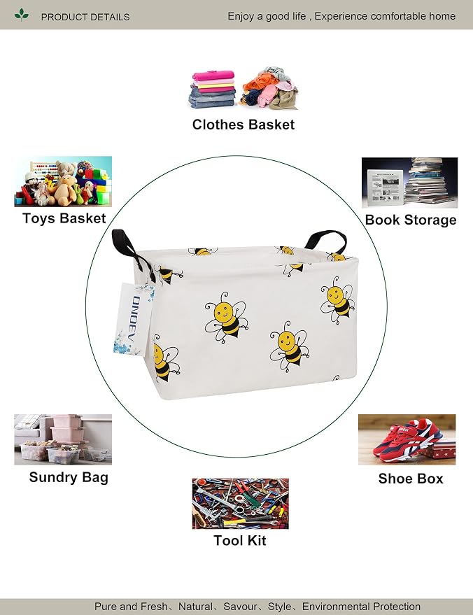 Rectangular Bee Pattern Storage Bin, Decorative Canvas Laundry Basket with Dual Handles, Foldable Toy & Household Organizer, Multipurpose Party Gift Basket for Home Bedroom Dorm(Bee)