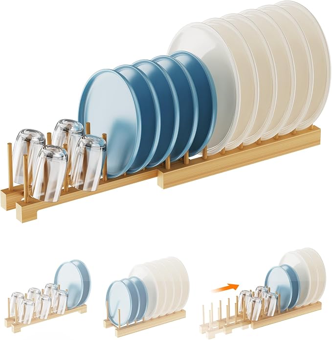 Dish Rack, Flexible Bamboo Dish Drying Rack Pot Lid Plate Stand Holder Adjustable Vertical Organizer Storage for Kitchen Cabinet Dish, Pot Lid, Bowl, Cup