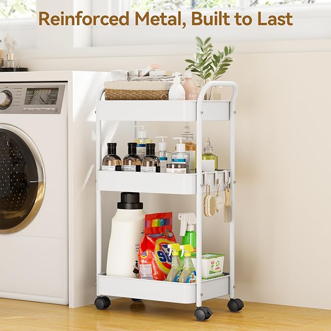YASONIC 3-Tier Metal Rolling Cart, Sturdy Storage Utility Carts with Wheels, Multifunction Craft Art Organizer for Bedroom, Laundry, Garage, Office, Nursery, Bathroom, Easy Assembly (White)