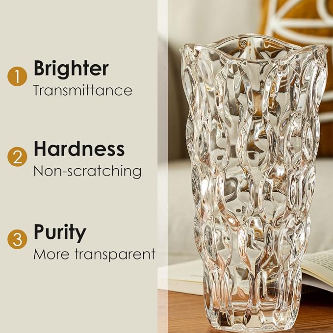 CEMABT 9.5inch 3.4 lb Glass Vases for Flowers Unbreakable Thickened Morden vase for Tables Centerpieces,Colorful,Vintage and Clear Rose Large Flower vases for Bouquet Unique Gifts（Champagne）