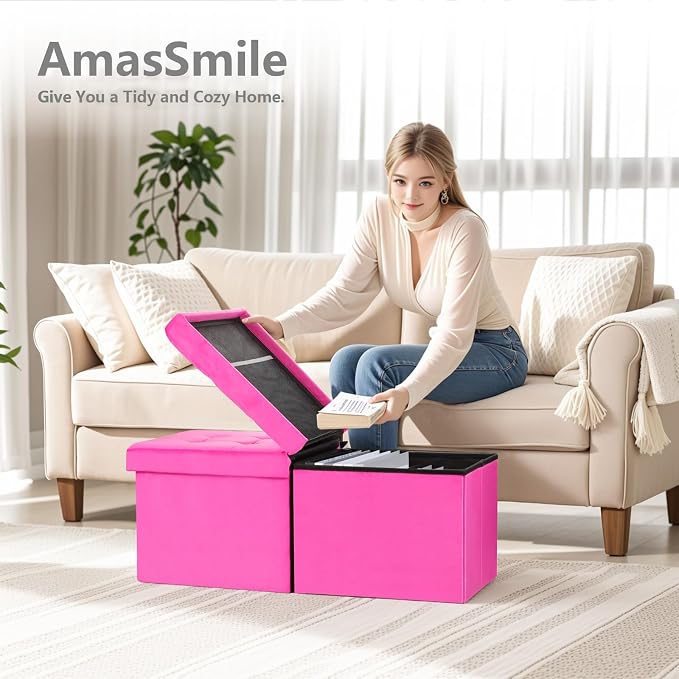 AmasSmile® Storage Ottoman Foot Rest Stool, 34 inch Velvet Footstool Bench, Short Ottoman Stool, Small Folding Storage Ottoman Store Books, Records, Rose