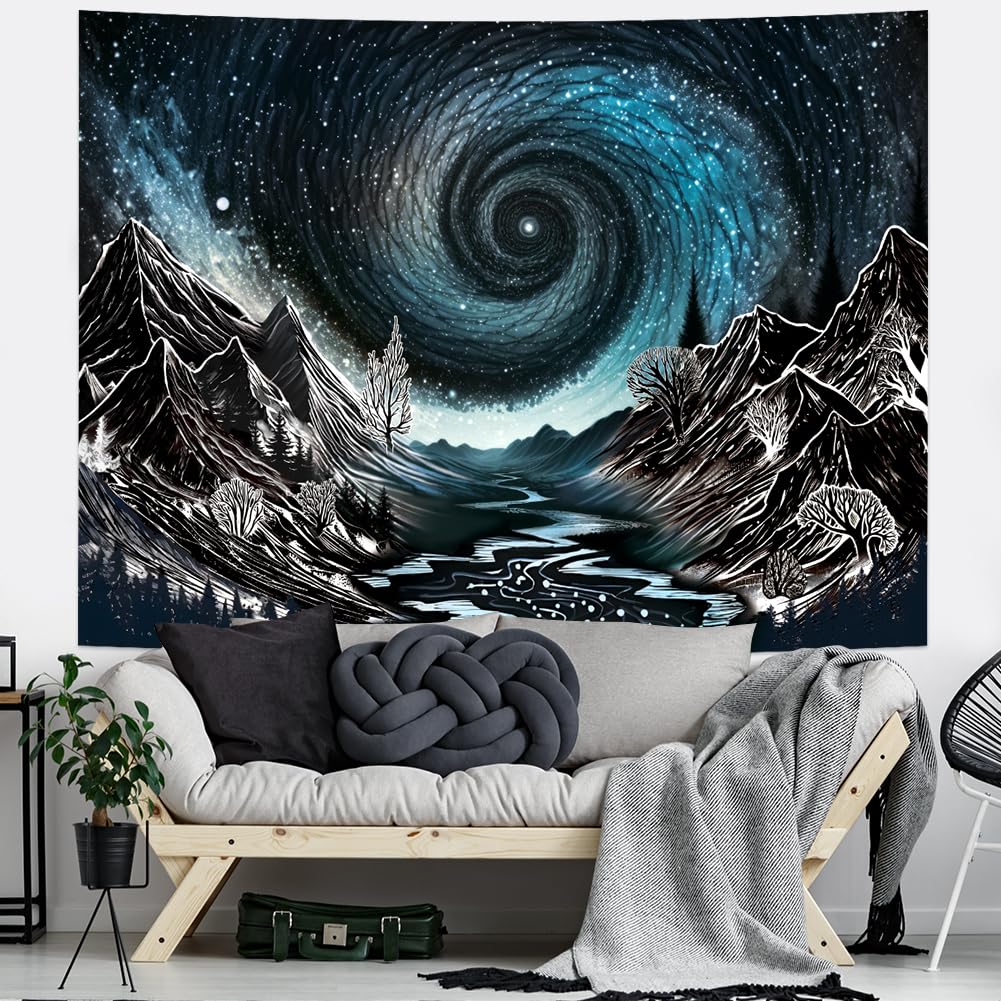 Maccyafst Black and White Mountain Tapestry Trippy Galaxy Stars Tapestries Magical Starry Night Tapestry Sketched Forest Trees Wall Hanging Nature River Landscape Background for Bedroom