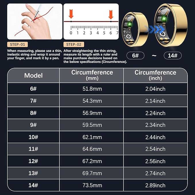 Smart Health Ring for Women Men, Fitness Tracker Ring with Heart Rate, Blood Oxygen, Sleep Tracker, Step Tracker, No Subscription Fee, IP68 Waterproof Smart Ring for iPhone & Android (Gold, 7#)