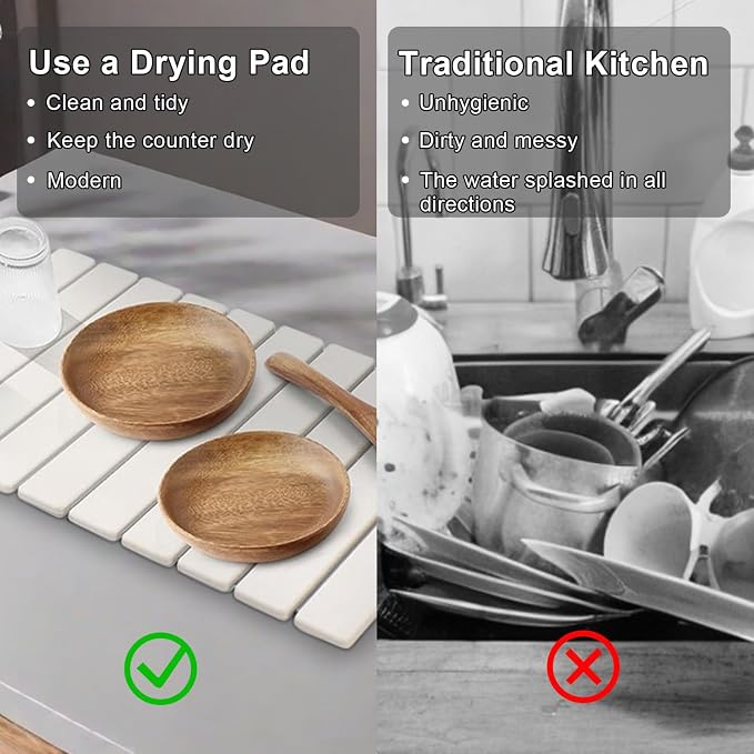 Large Stone Dish Drying Mat for Kitchen Counter,Equipped Dish Rack, Diatomaceous Earth Material, Foldable and Super Absorbent Dish Drying Pad Suitable for Tableware, Bottles and Cup (White, 24×16 IN)
