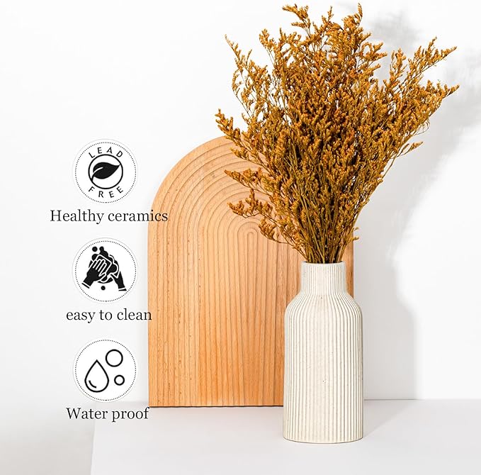 Bohemian Beige Ceramic Vase - for Pampas Grass, Mantel, Bookshelf, Entryway and Living Room Decor (Beige, 7in)