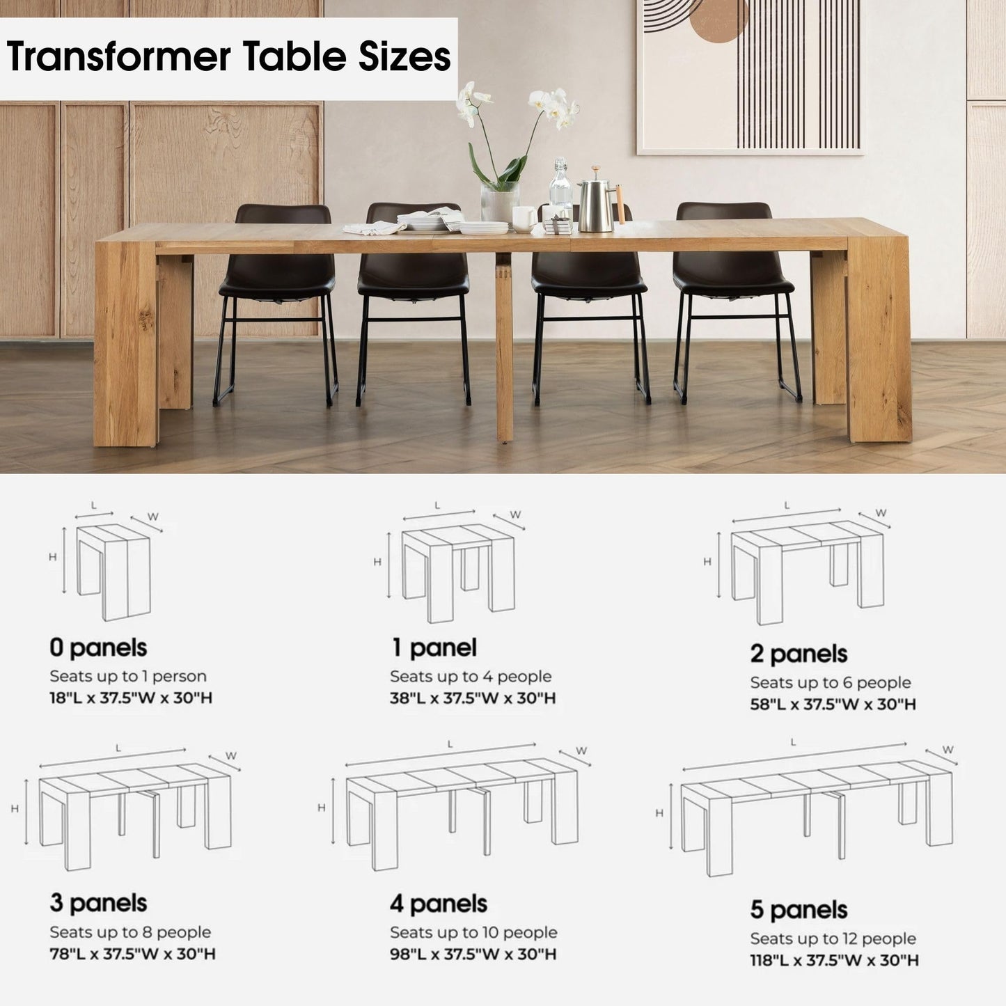 Transformer Table - Solid Wood Extendable Dining Table with Bench and 4 Stackable Chairs, Seats 2-12, Expandable Table, Kitchen and Dining Room Furniture, Natural (Table + Bench + 4 Chairs)