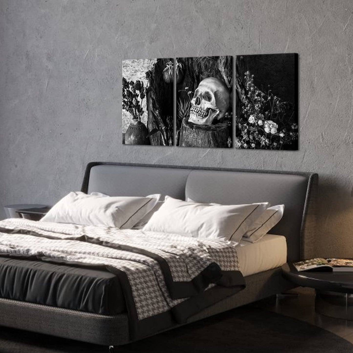 NutArtPic Skull Painting Day of the Dead Wall Art Black White Skull Flower Wall Picture Gothic Skeleton Canvas Gallery Wrapped (Black White, Medium)