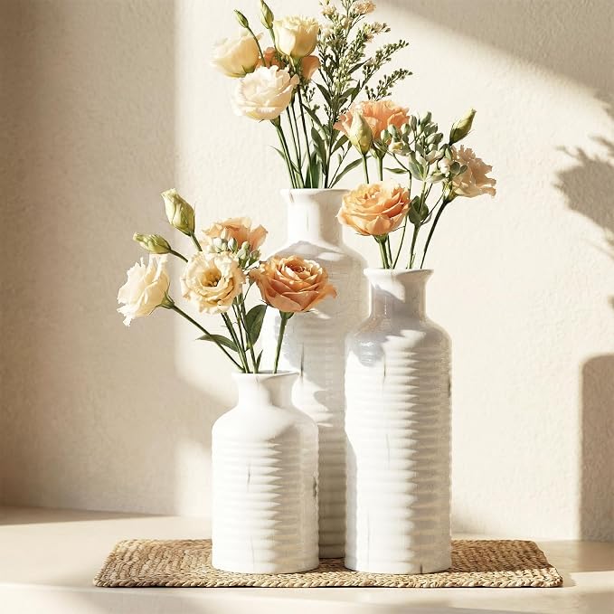 Firehold Ceramic Vase Set of 3, Flower Vases for Home Decor, Neutral Rustic Modern Farmhouse Vase, Decorative Centerpieces for Table Bookshelf Mantel Kitchen Living Room Office