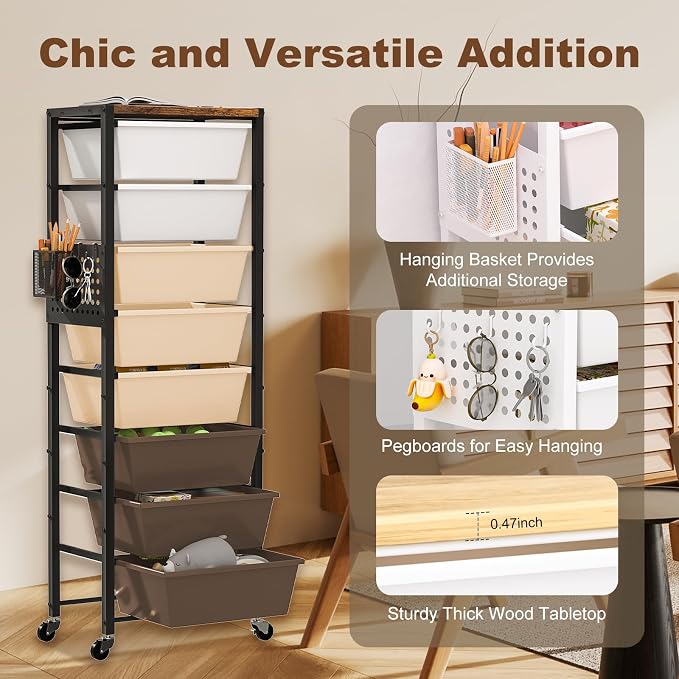 Rolling Cart with Drawers, Rolling Storage Cart with Large Plastic Drawers & Wooden Tabletop, Utility Cart with Pegboards & Basket, Storage Drawers Cart for Living Room, Classroom, Bedroom, Office