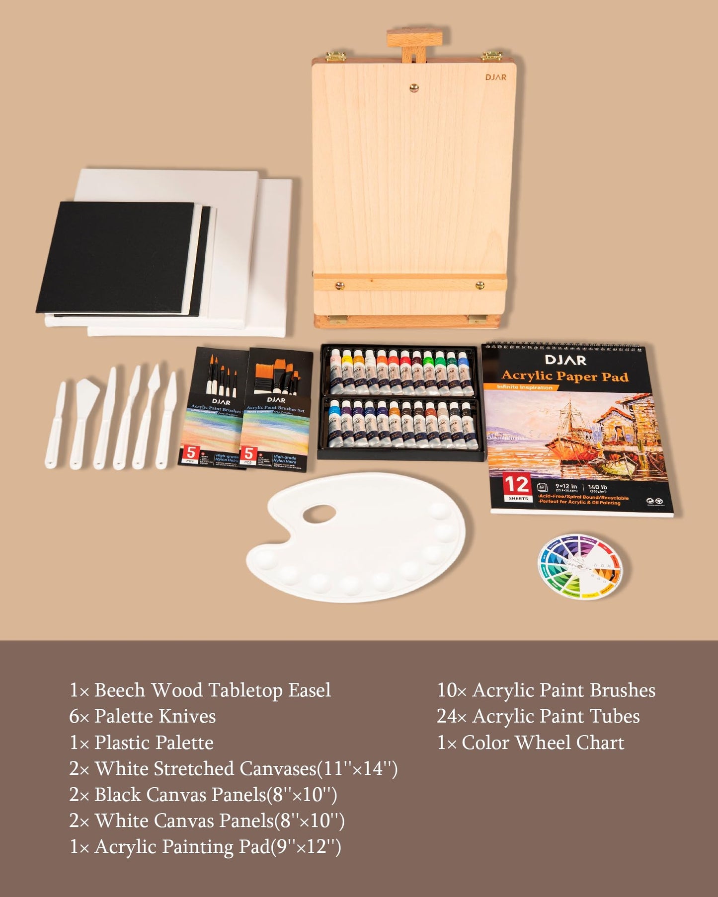 DJAR 49 Pcs Acrylic Paint Set with Tabletop Easel, Painting Kits with 24 Color Acrylic Paints, 11"x 14" Stretched Canvas & More, Art Painting Supplies for Kids Adults Beginner Artists