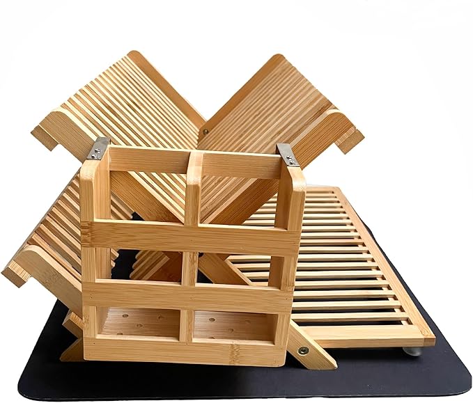 Bamboo Dish Drying Rack with Utensil Holder & Absorbent Dish Drying Mat|3Tier Collapsible Wooden Dish Rack for Kitchen Countertop|Large Foldable Dish Drainer|Kitchen Organizer for Plates Cups utensils