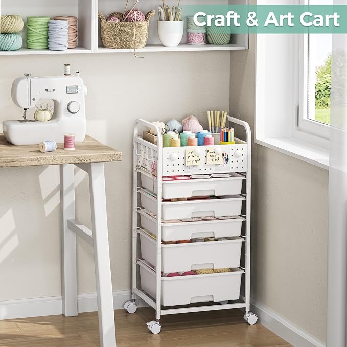 5 Drawer Rolling Storage Cart with Pegboard Top and Hooks, Mobile Utility Organizer with Wheels for Office Supplies, Craft Storage, Classroom Organization, Home Storage Cart, White