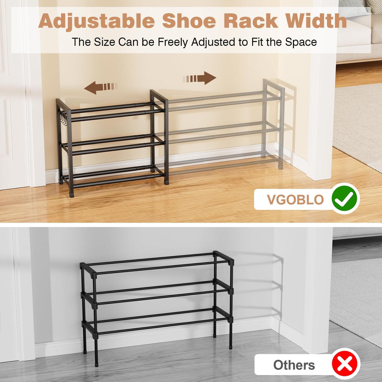 VGOBLO Expandable Shoe Rack - 18.5''- 47'' Adjustable Shoe Rack for Closet, 3 Tier Long Shoe Shelf Storage for 18 Pairs Shoe and Boot, Sturdy Metal Shoe Organizer for Entryway, Garage, Black
