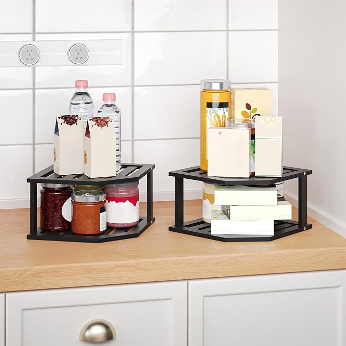 VERTORGAN Bamboo Corner Shelf(2 Pack),2 Tier Plate Organizer for Cabinet and Countertop,Pantry Dish and Spice Rack for Kitchen(Black)