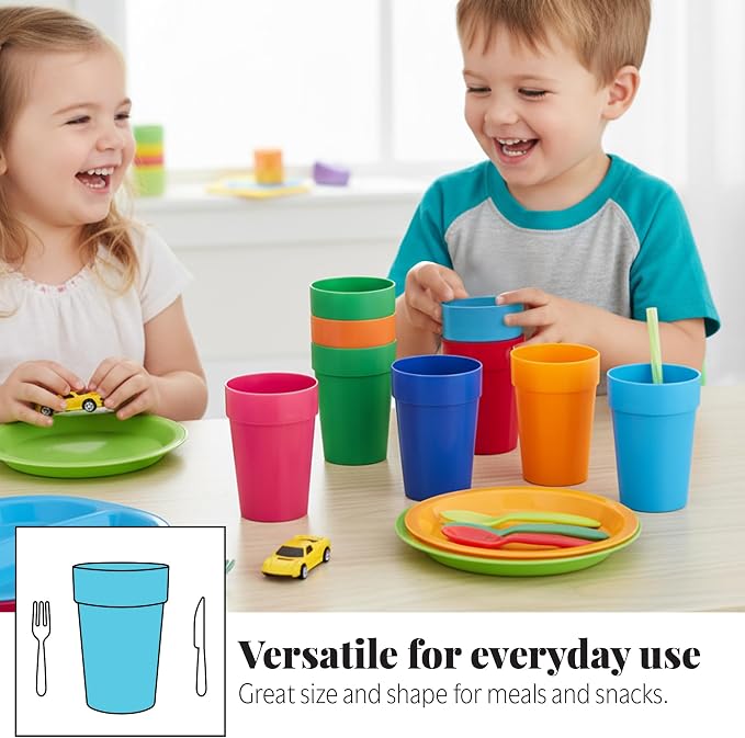 US Acrylic Spectrum Unbreakable Plastic 10 ounce Stackable Juice Tumblers in 8 Assorted Colors | Set of 16 Kids Drinking Cups | Reusable, BPA-free, Made in the USA, Top-rack Dishwasher Safe