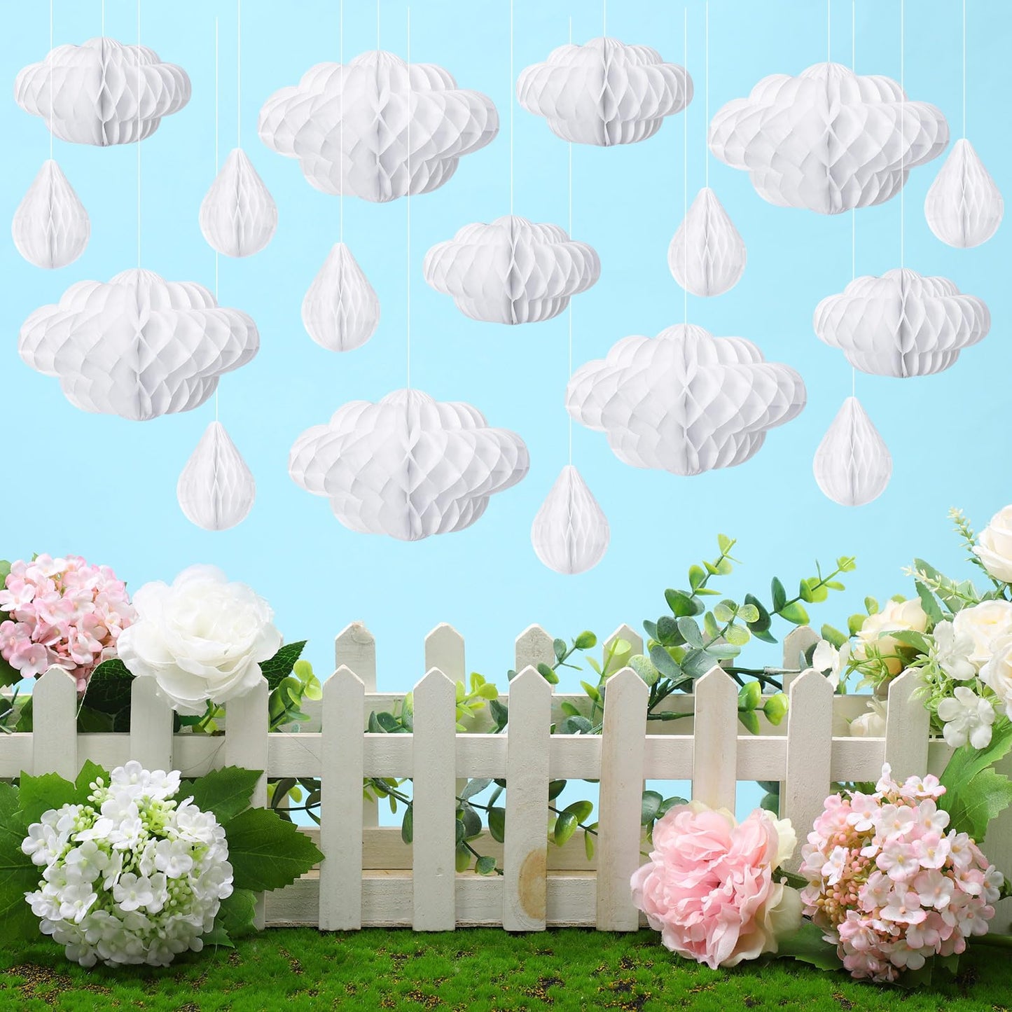 Affrolling 20 Pcs 3D Cloud Decorations Raindrop Decorations Hanging Honeycomb Decor Artificial Fake Cloud Ornaments for Ceiling Birthday Nursery Room Baby Shower Party Decor