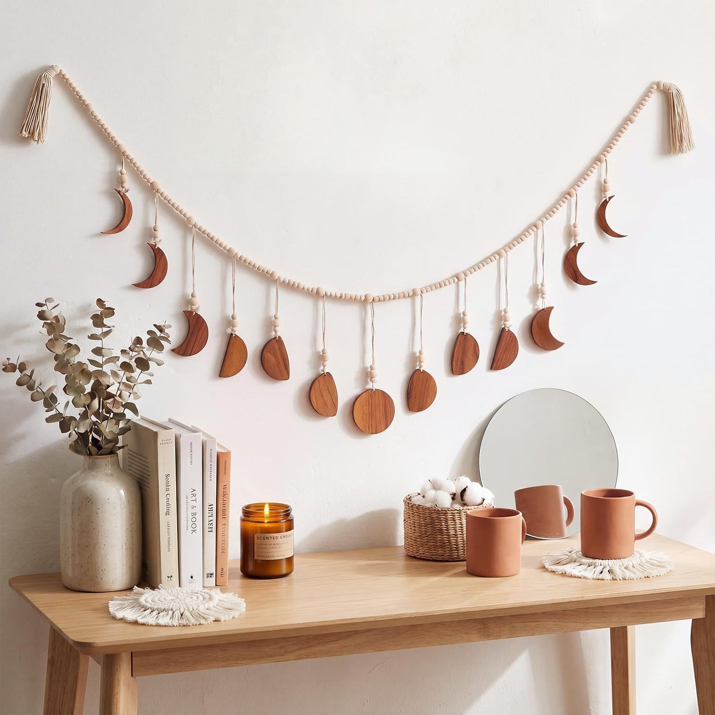 RattanView Moon Phase Wall Decoration Boho Wood Beaded Home Hanging Decorations with Tassel Phases the Celestial Moon Gold Wall Art for Bedroom Bohemian Astrology Witchy Dorm Living Room