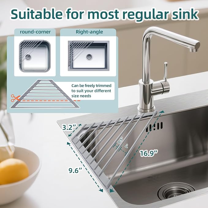 Ohuhu Triangle Roll Up Dish Drying Rack, Silicone Wrapped Steel Anti-Slip Sink Corner Rack Caddy Multipurpose Strainer for Kitchen Sink Trivet Space-Saving