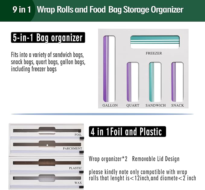 9 In 1 Storage Bag Organizer And Plastic Wrap Dispenser With Cutter, Bamboo Foil and Plastic Wrap Organizer