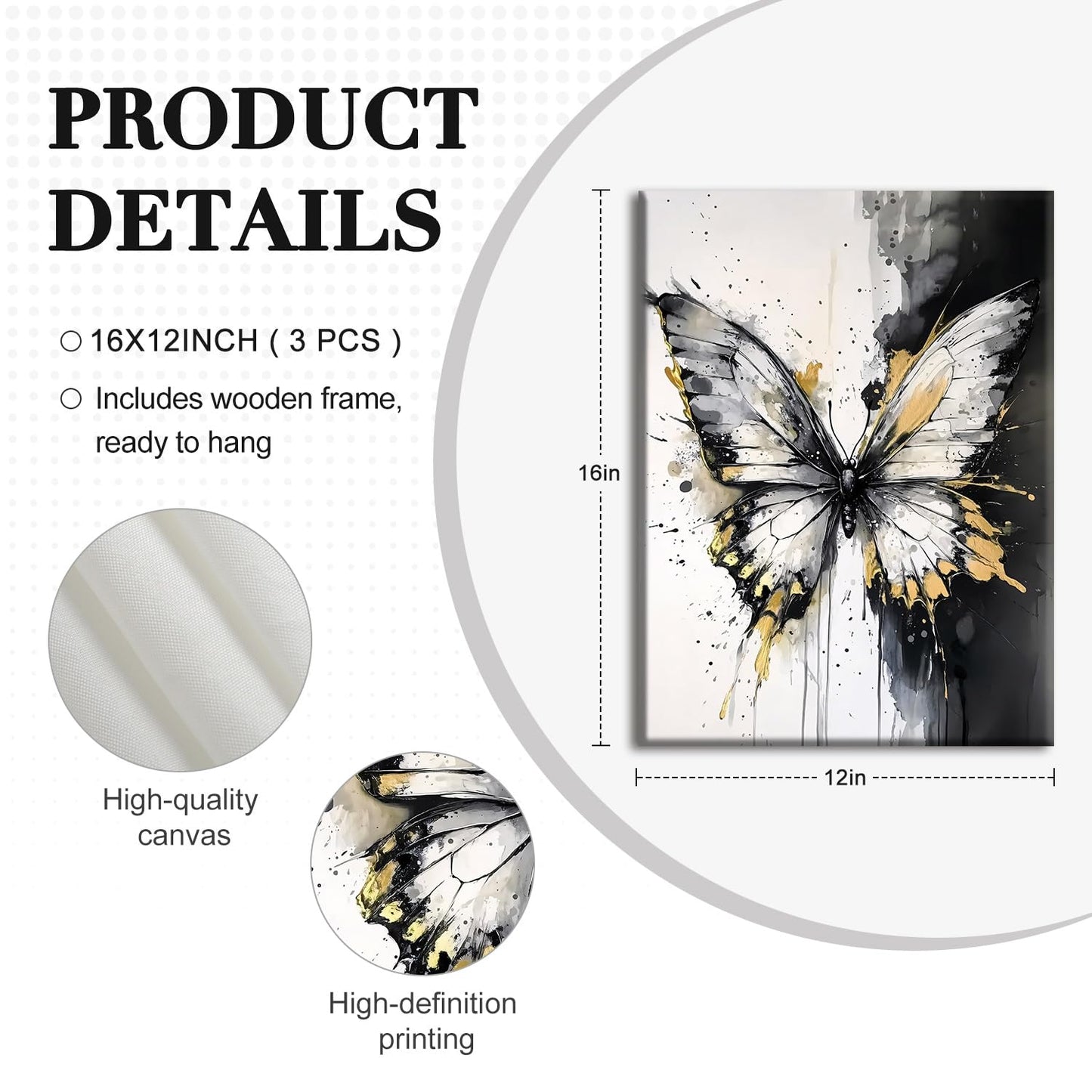 NCCXNCC 3Pcs Abstract Black and Gold Flowing Butterfly Canvas Wall Art Modern Minimalist Wall Decoration Artwork Black and White Abstract Poster Print Suitable for Living Room/Office12x16Inch Framed